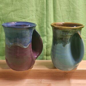 Neher Art Pottery Right Hand Warmer Mugs Blue Purple Green Drip Glaze Lot of 2